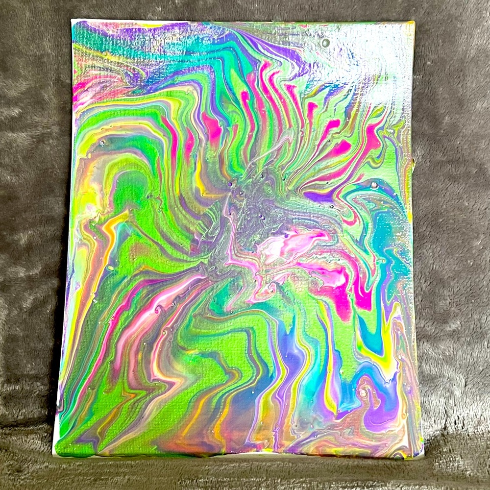 Paint Pour - 8”x10” neon metallic acrylics on canvas board